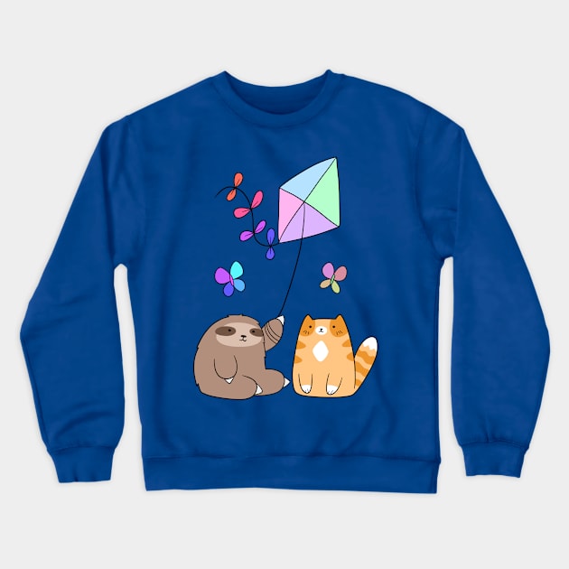 Pastel Rainbow Kite Sloth and Cat Crewneck Sweatshirt by saradaboru